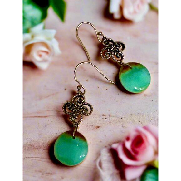 Green Brown Chrysoprase Round Dangle Sterling Silver Earrings 2” Long - Picture 2 of 7